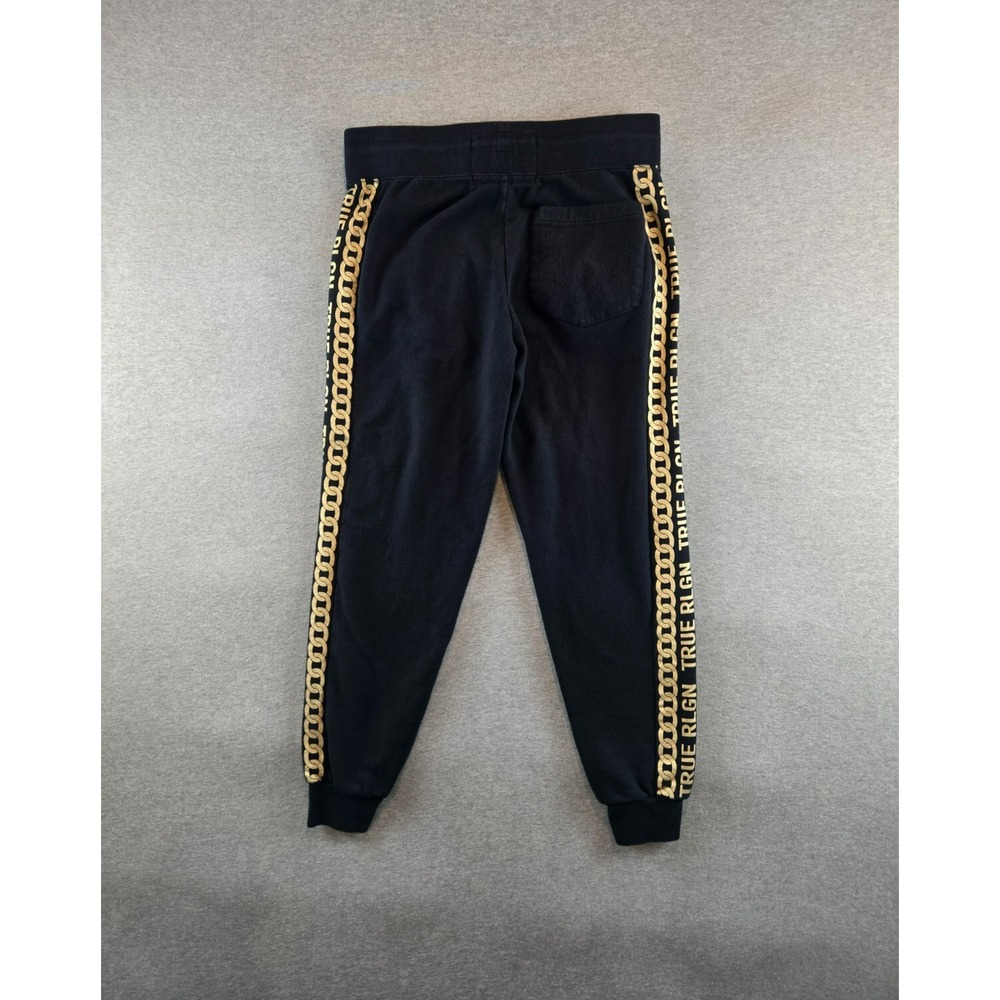 True Religion Joggers Mens Small Black Gold Chain Link Spellout Pants Cotton - Picture 2 of 10